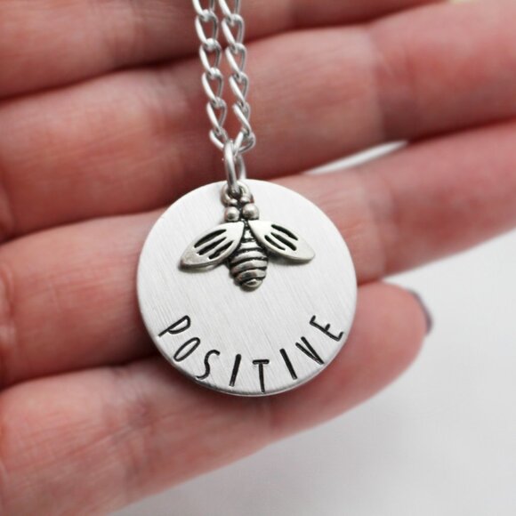Bee Positive - Hand Stamped Pendant Necklace - 18" Chain - Handmade - Picture 5 of 6